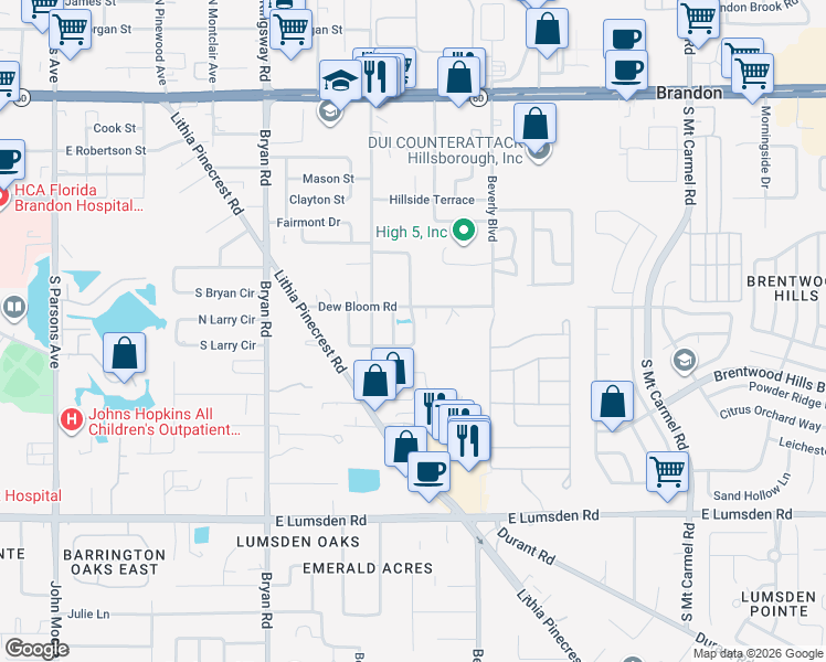 map of restaurants, bars, coffee shops, grocery stores, and more near 817 Childers Loop in Brandon