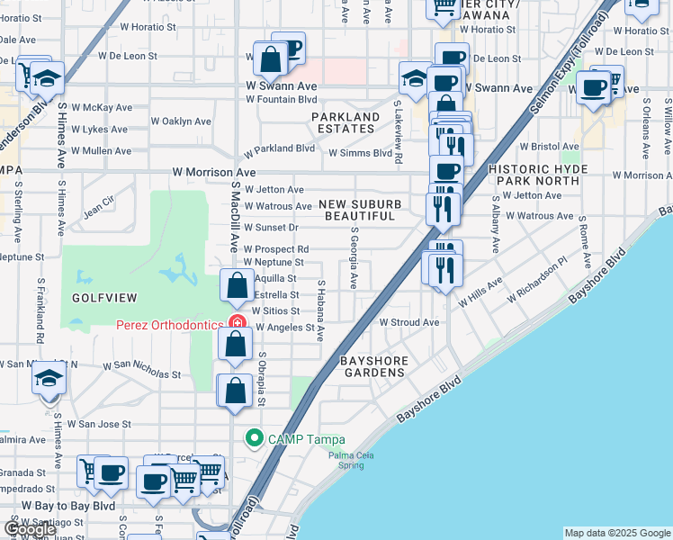 map of restaurants, bars, coffee shops, grocery stores, and more near 1503 South Georgia Avenue in Tampa