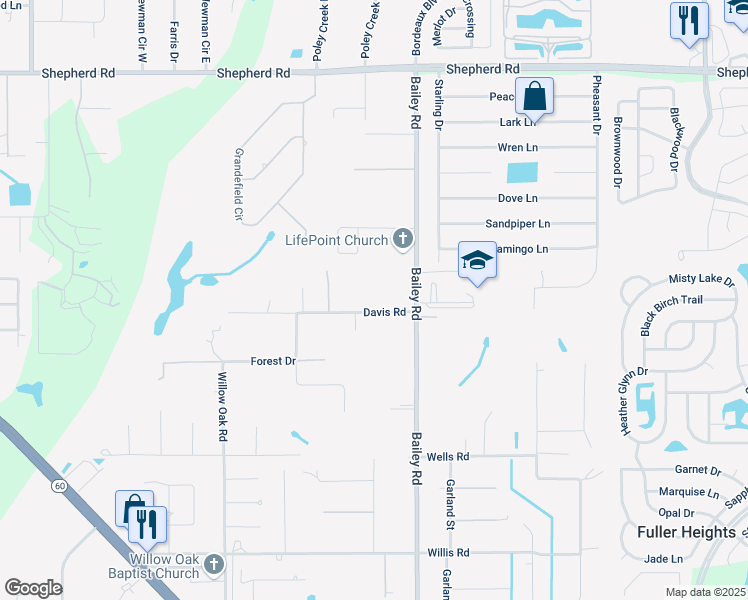 map of restaurants, bars, coffee shops, grocery stores, and more near 3755 Davis Road in Mulberry