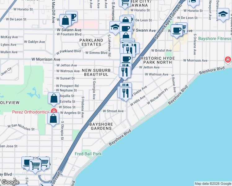 map of restaurants, bars, coffee shops, grocery stores, and more near 1301 South Moody Avenue in Tampa