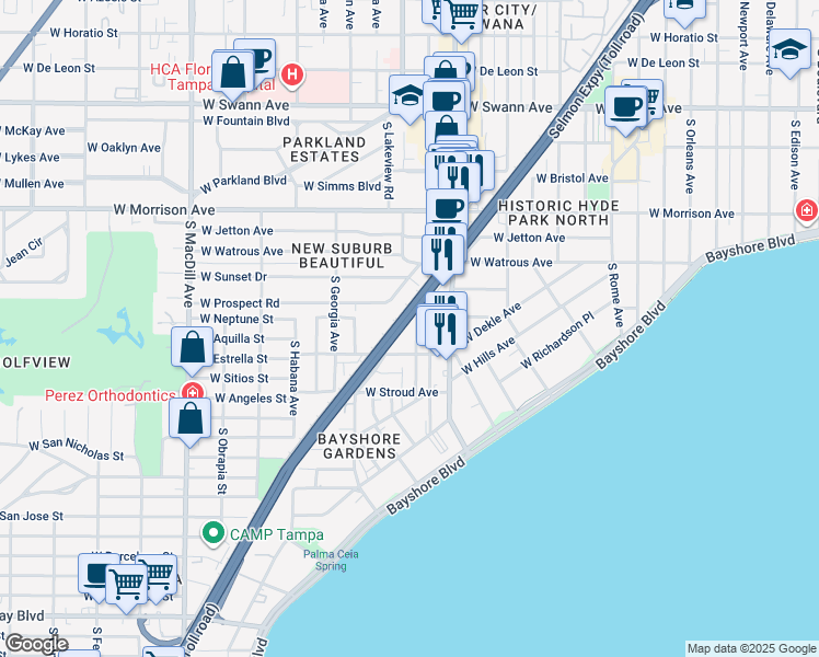 map of restaurants, bars, coffee shops, grocery stores, and more near 1301 South Moody Avenue in Tampa