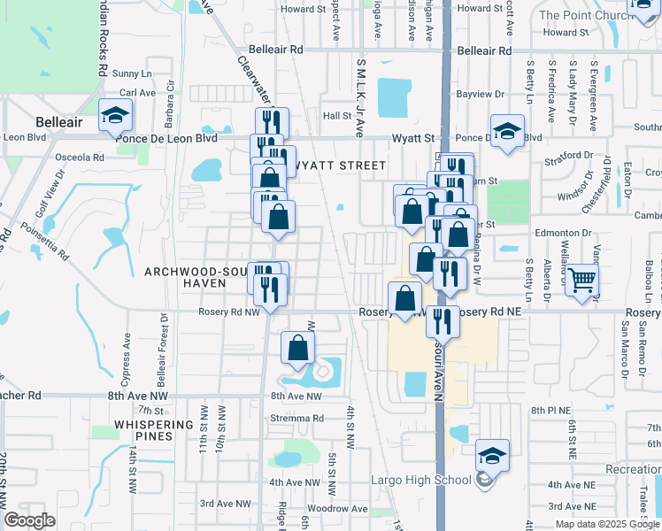 map of restaurants, bars, coffee shops, grocery stores, and more near 505 Beverly Avenue Northwest in Largo