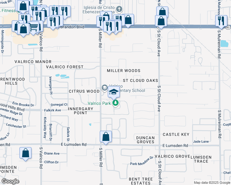 map of restaurants, bars, coffee shops, grocery stores, and more near 609 South Miller Road in Valrico