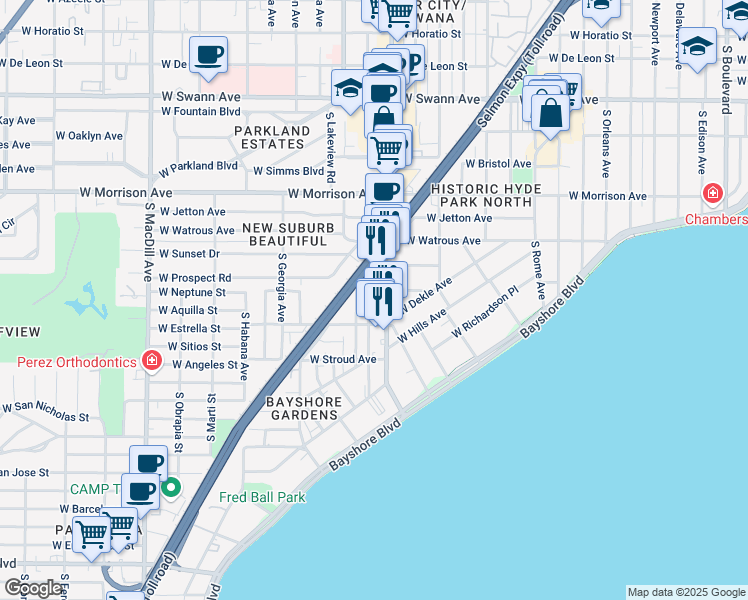 map of restaurants, bars, coffee shops, grocery stores, and more near 1301 South Howard Avenue in Tampa