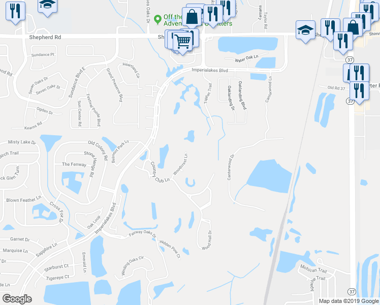 map of restaurants, bars, coffee shops, grocery stores, and more near 173 Woodcrest Lane in Mulberry