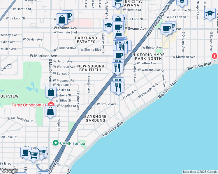 map of restaurants, bars, coffee shops, grocery stores, and more near 1301 South Moody Avenue in Tampa