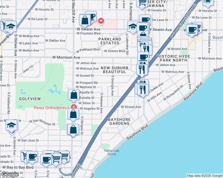 map of restaurants, bars, coffee shops, grocery stores, and more near 1503 South Georgia Avenue in Tampa