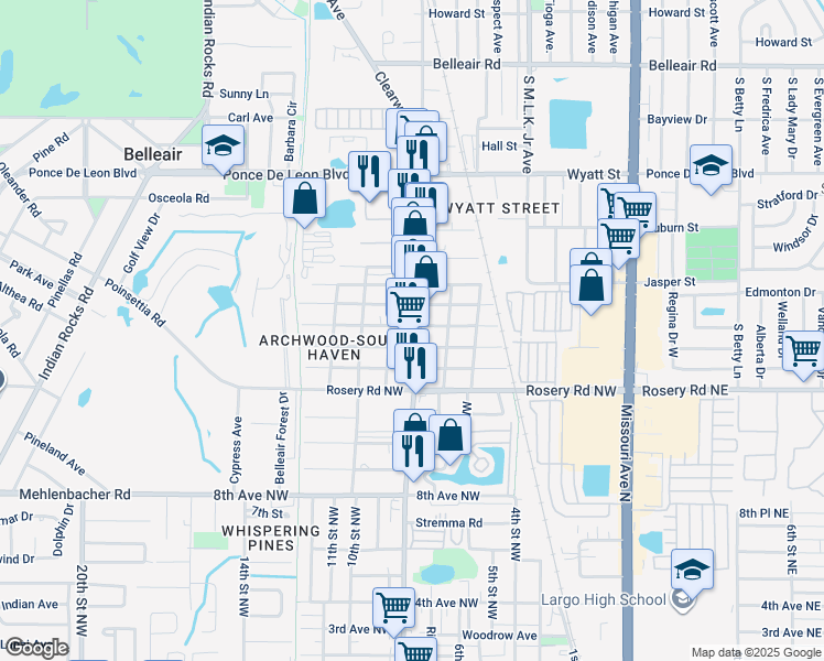 map of restaurants, bars, coffee shops, grocery stores, and more near 1482 Clearwater Largo Road North in Largo