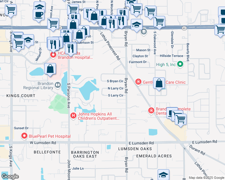 map of restaurants, bars, coffee shops, grocery stores, and more near 519 North Larry Circle in Brandon