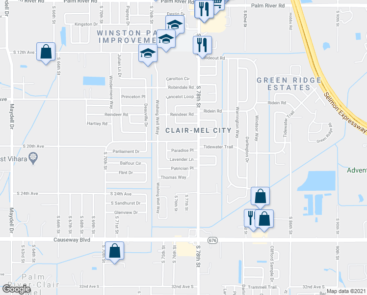map of restaurants, bars, coffee shops, grocery stores, and more near 7514 Paradise Place in Tampa