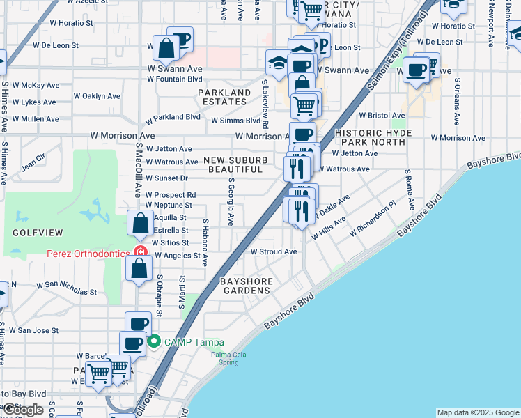 map of restaurants, bars, coffee shops, grocery stores, and more near 2412 Teresa Circle in Tampa