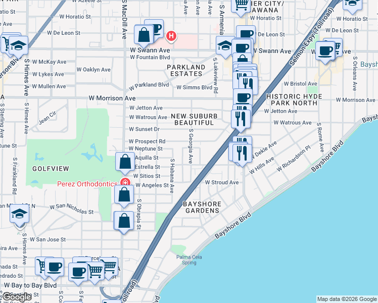 map of restaurants, bars, coffee shops, grocery stores, and more near 1503 South Georgia Avenue in Tampa