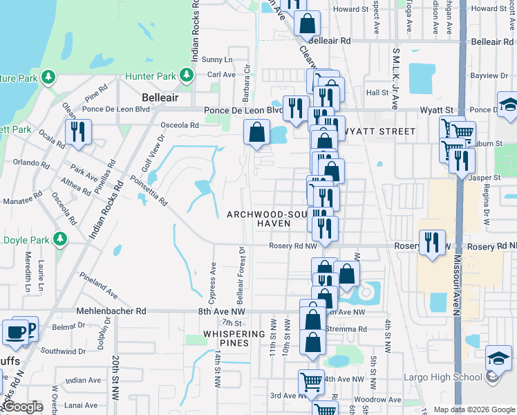 map of restaurants, bars, coffee shops, grocery stores, and more near 1122 Beverly Avenue Northwest in Largo