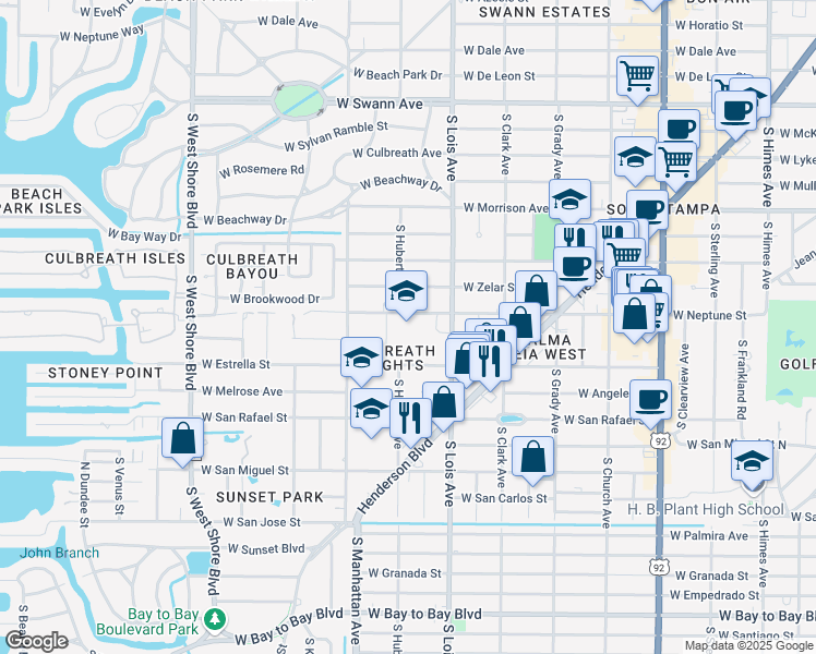 map of restaurants, bars, coffee shops, grocery stores, and more near 4201 West Estrella Street in Tampa