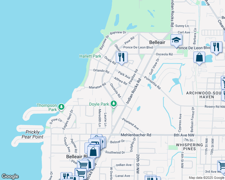 map of restaurants, bars, coffee shops, grocery stores, and more near 7 Fountain Square in Belleair