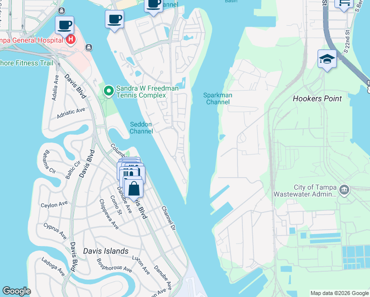 map of restaurants, bars, coffee shops, grocery stores, and more near 1439 Harbour Walk Road in Tampa