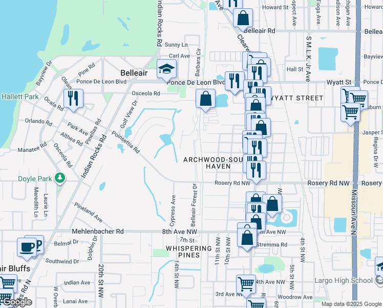 map of restaurants, bars, coffee shops, grocery stores, and more near 43 Pelican Place in Belleair
