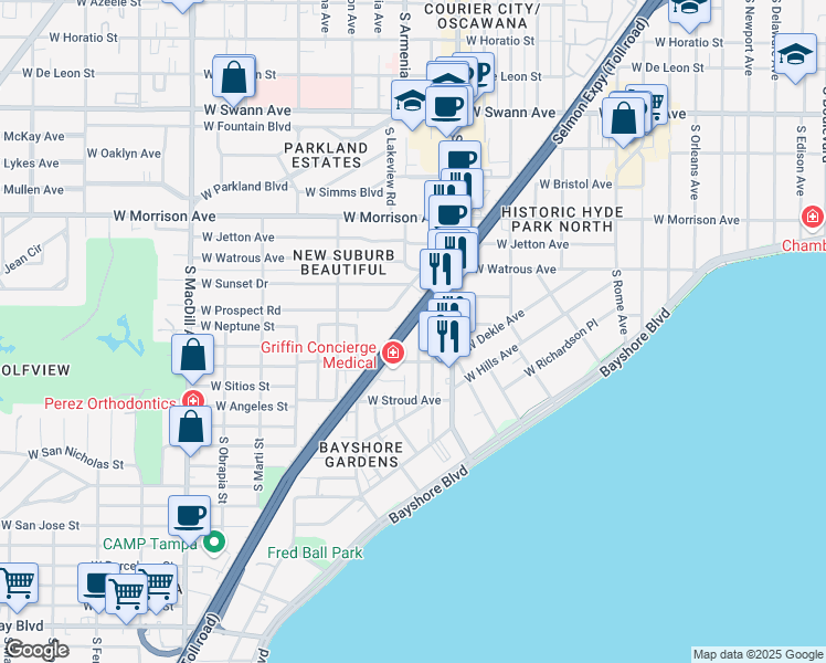 map of restaurants, bars, coffee shops, grocery stores, and more near 1301 South Moody Avenue in Tampa