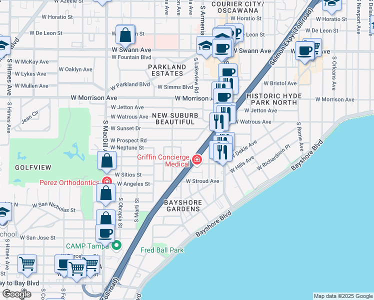 map of restaurants, bars, coffee shops, grocery stores, and more near 2412 Teresa Circle in Tampa