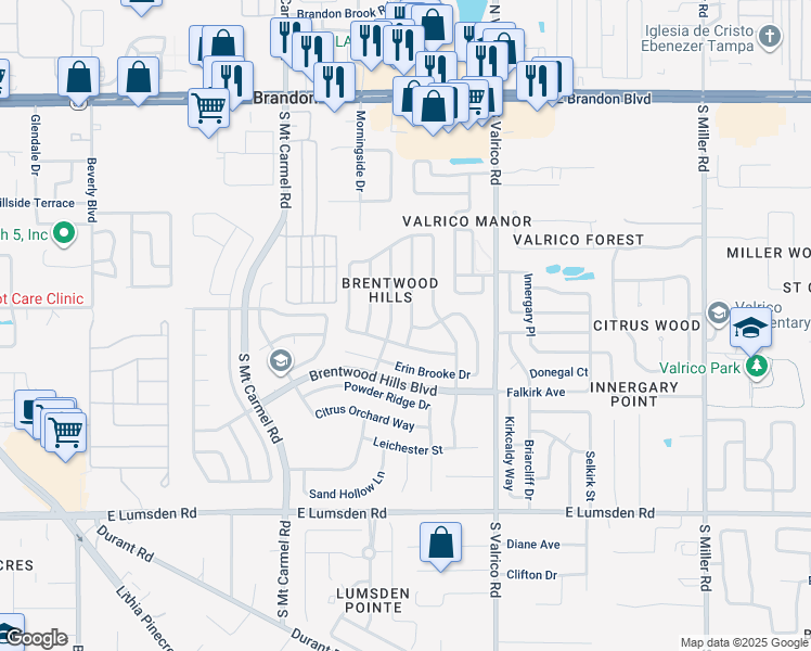 map of restaurants, bars, coffee shops, grocery stores, and more near 544 Beth Ann Street in Valrico