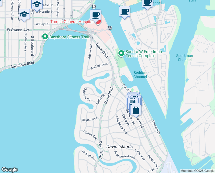 map of restaurants, bars, coffee shops, grocery stores, and more near 107 Bermuda Avenue in Tampa