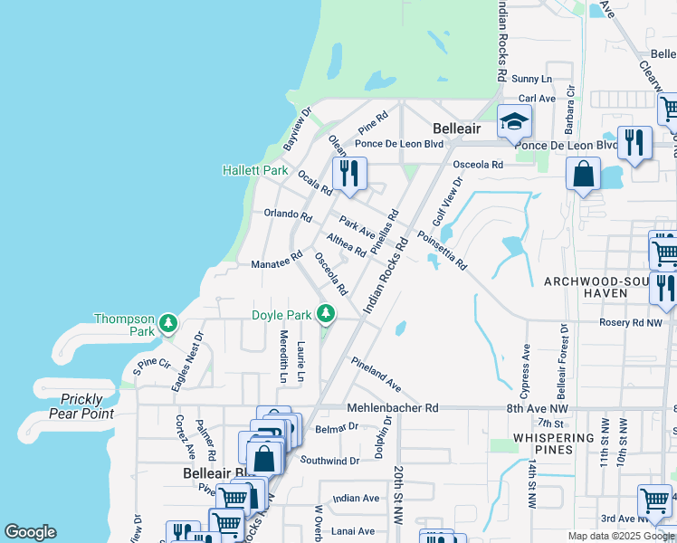 map of restaurants, bars, coffee shops, grocery stores, and more near 7 Fountain Square in Belleair