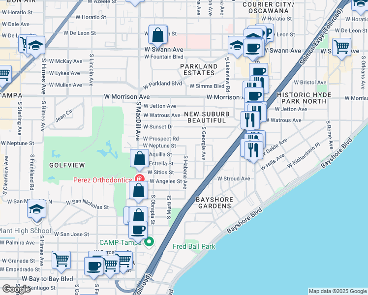 map of restaurants, bars, coffee shops, grocery stores, and more near 1501 South Habana Avenue in Tampa