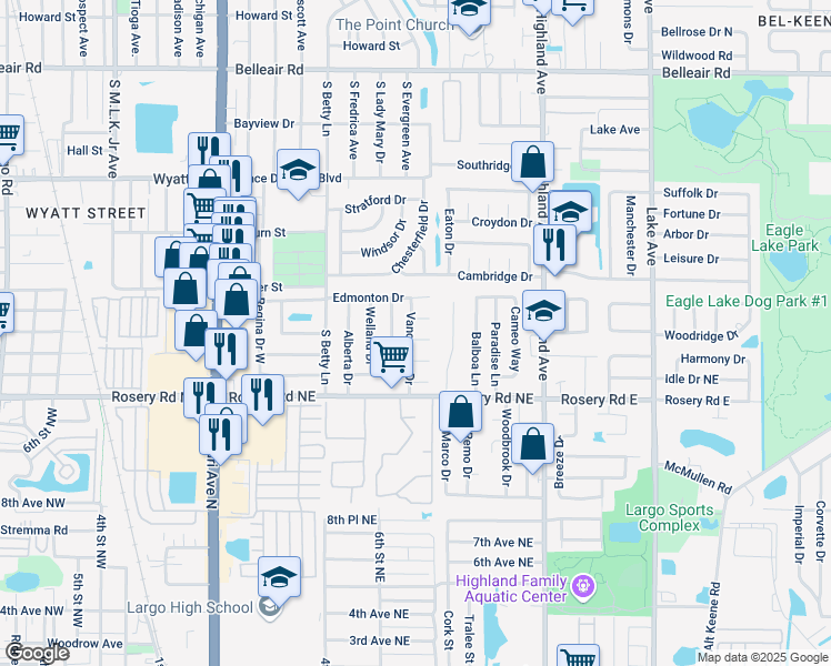 map of restaurants, bars, coffee shops, grocery stores, and more near 1807 Vancouver Drive in Clearwater