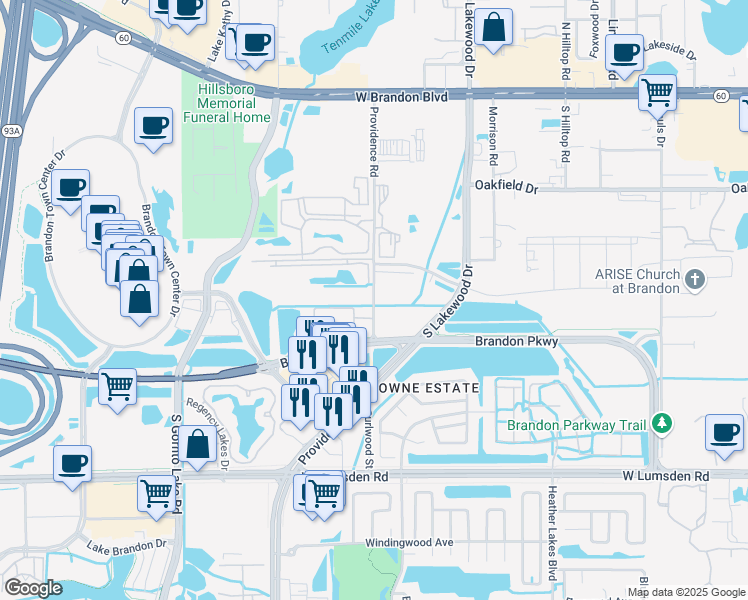 map of restaurants, bars, coffee shops, grocery stores, and more near 441 Providence Road in Brandon