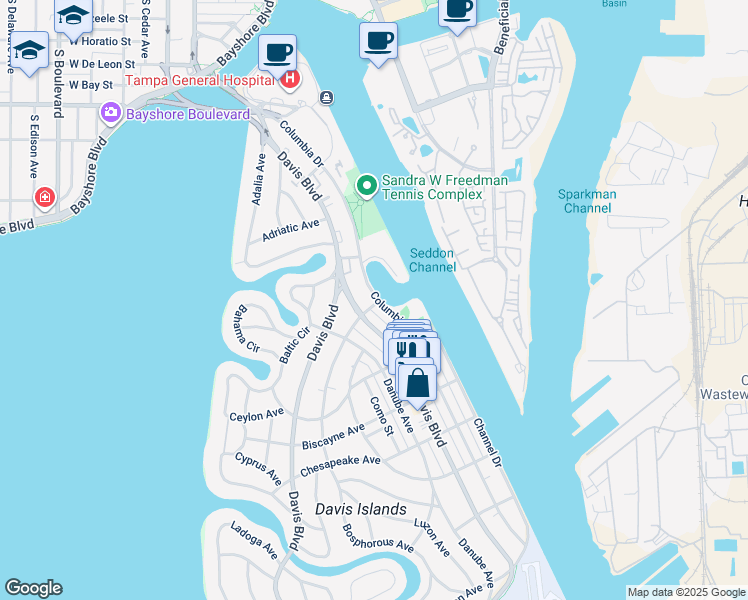 map of restaurants, bars, coffee shops, grocery stores, and more near 117 Columbia Drive in Tampa
