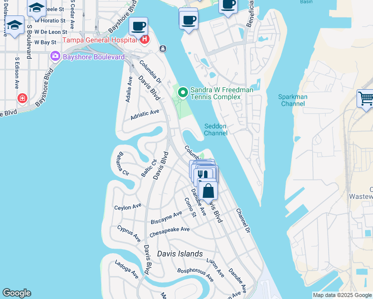 map of restaurants, bars, coffee shops, grocery stores, and more near 117 Columbia Drive in Tampa