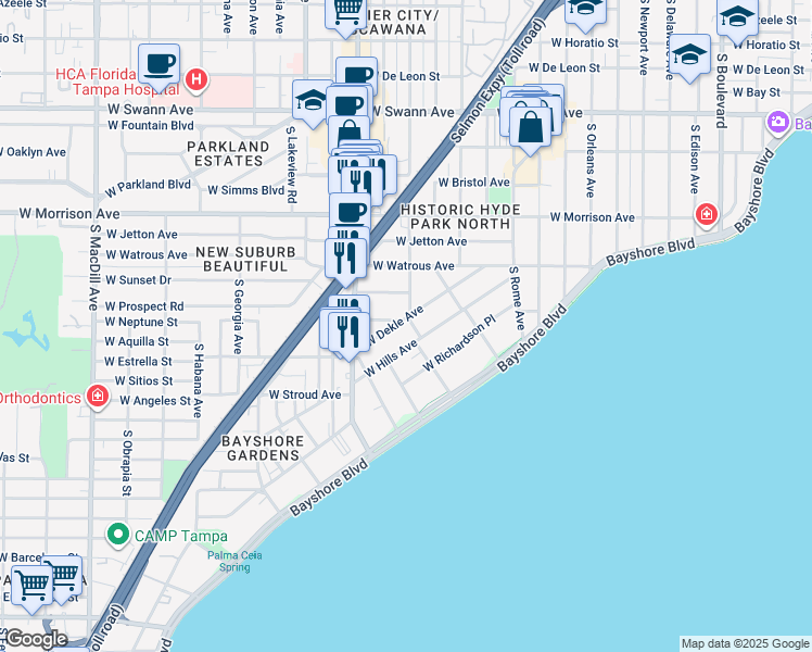 map of restaurants, bars, coffee shops, grocery stores, and more near 2020 West Dekle Avenue in Tampa
