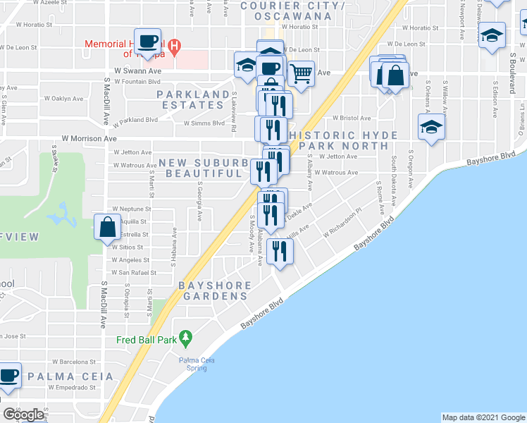 map of restaurants, bars, coffee shops, grocery stores, and more near 1301 South Howard Avenue in Tampa