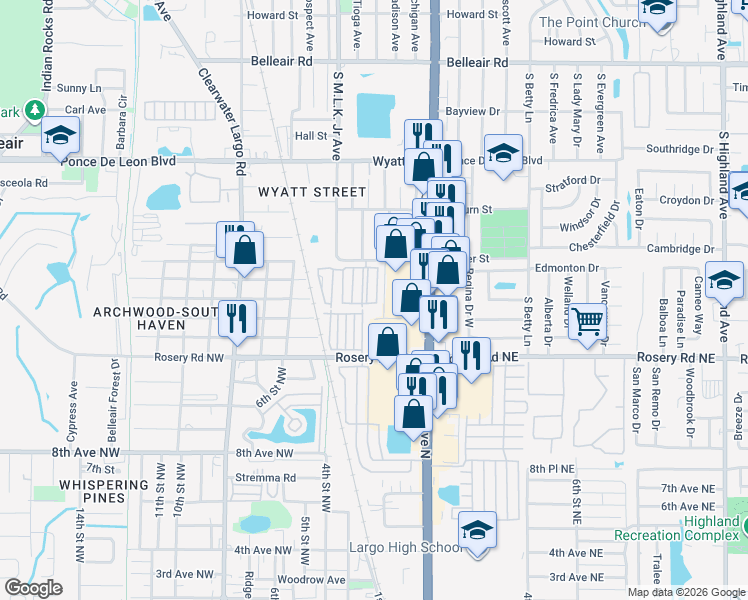 map of restaurants, bars, coffee shops, grocery stores, and more near 1229 Missouri Avenue North in Largo