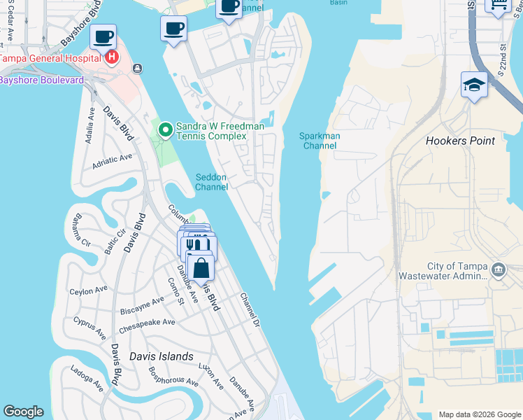map of restaurants, bars, coffee shops, grocery stores, and more near S Beneficial Dr & Harbour Walk Rd in Tampa