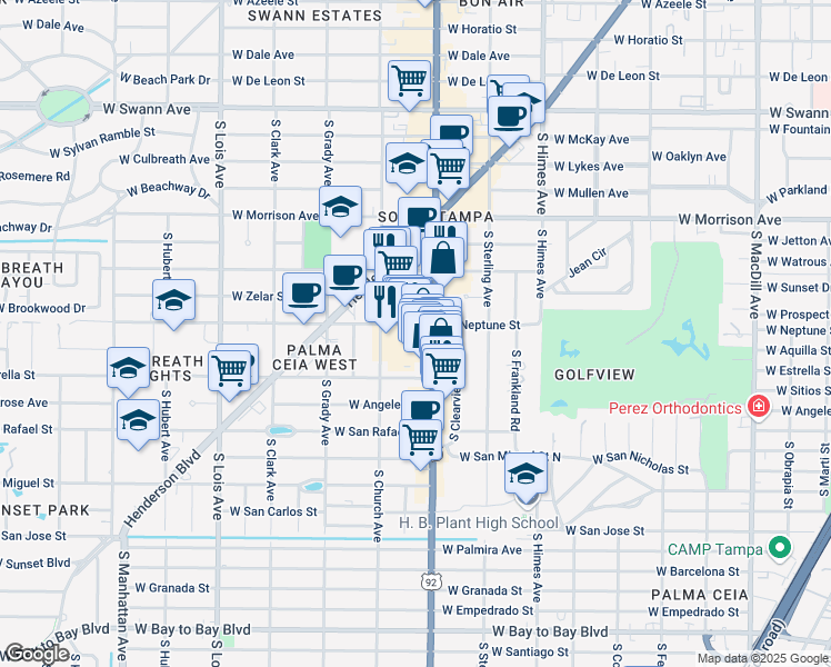 map of restaurants, bars, coffee shops, grocery stores, and more near 1501 South Dale Mabry Highway in Tampa