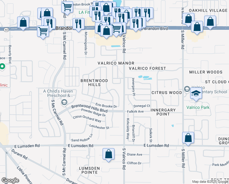 map of restaurants, bars, coffee shops, grocery stores, and more near 1942 Erin Brooke Drive in Valrico