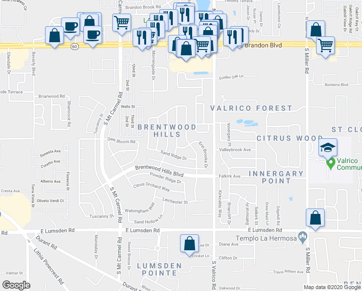 map of restaurants, bars, coffee shops, grocery stores, and more near 1967 Erin Brooke Drive in Valrico
