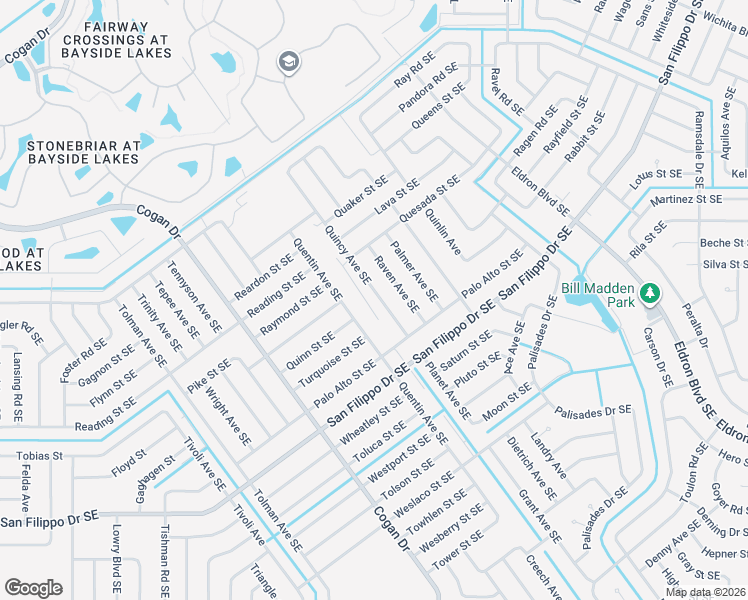 map of restaurants, bars, coffee shops, grocery stores, and more near 2642 Quincy Avenue Southeast in Palm Bay