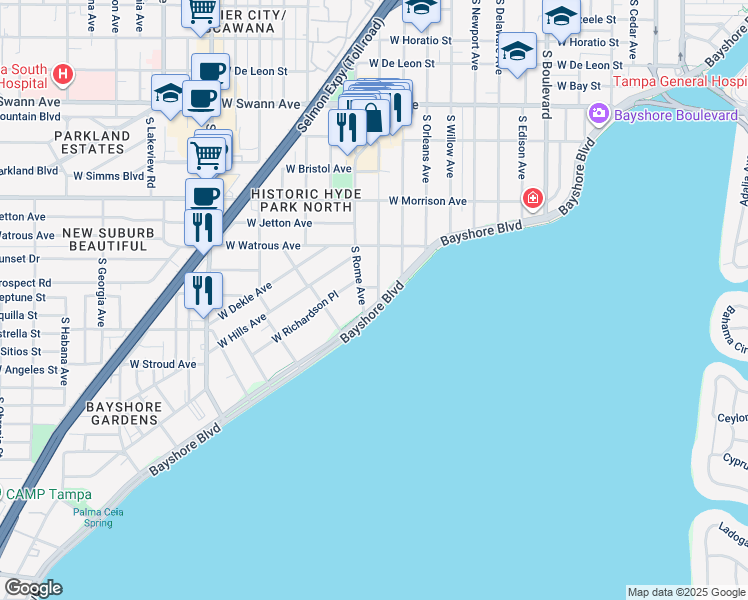 map of restaurants, bars, coffee shops, grocery stores, and more near 1601 Bayshore Boulevard in Tampa