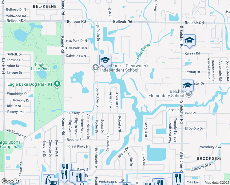 map of restaurants, bars, coffee shops, grocery stores, and more near 1937 Arvis Circle North in Clearwater