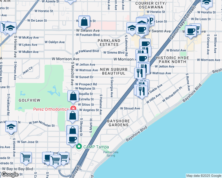 map of restaurants, bars, coffee shops, grocery stores, and more near 1503 South Georgia Avenue in Tampa