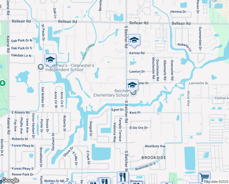 map of restaurants, bars, coffee shops, grocery stores, and more near 2176 Wateroak Drive North in Clearwater