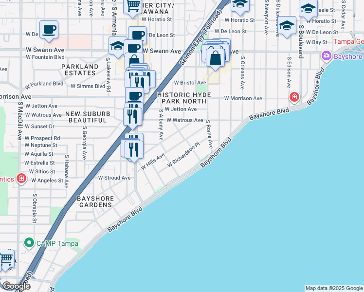 map of restaurants, bars, coffee shops, grocery stores, and more near 1806 West Hills Avenue in Tampa