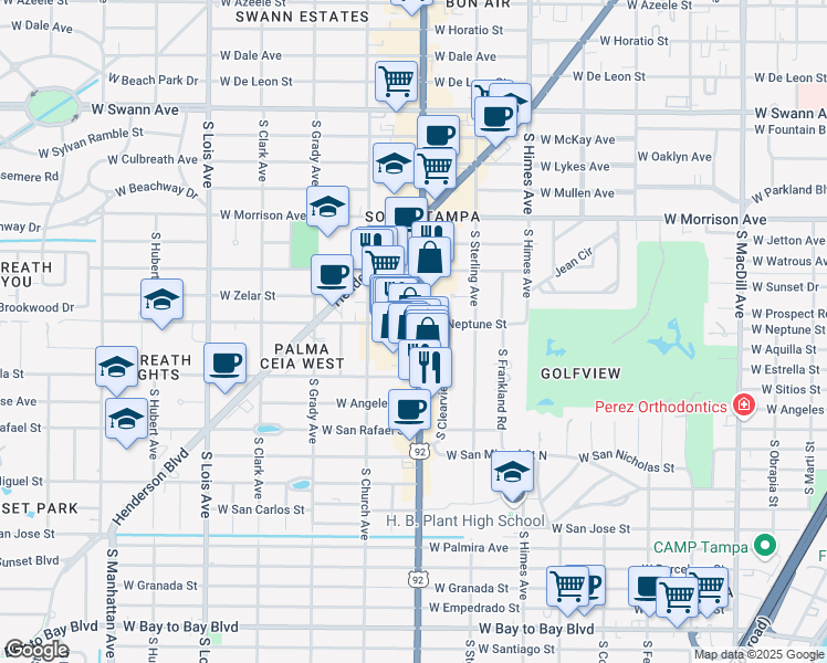 map of restaurants, bars, coffee shops, grocery stores, and more near 1501 South Dale Mabry Highway in Tampa