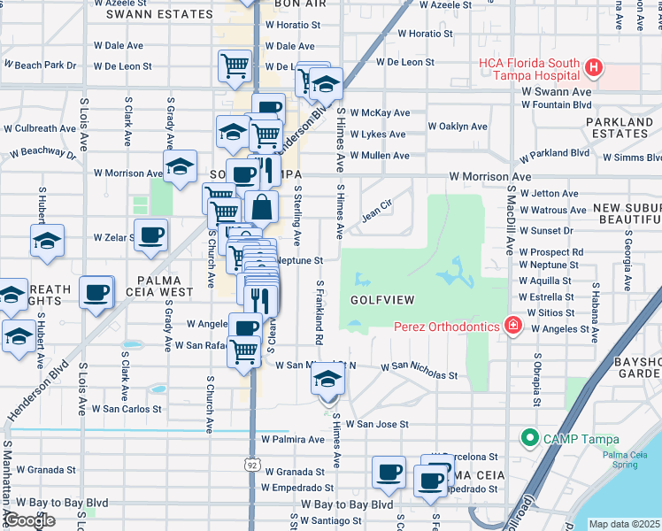 map of restaurants, bars, coffee shops, grocery stores, and more near 1002 South Frankland Road in Tampa