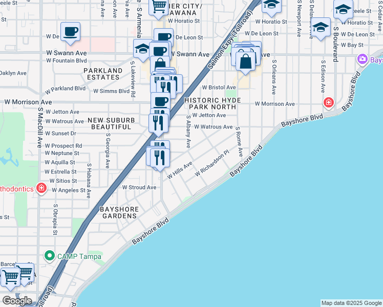 map of restaurants, bars, coffee shops, grocery stores, and more near 2020 West Dekle Avenue in Tampa