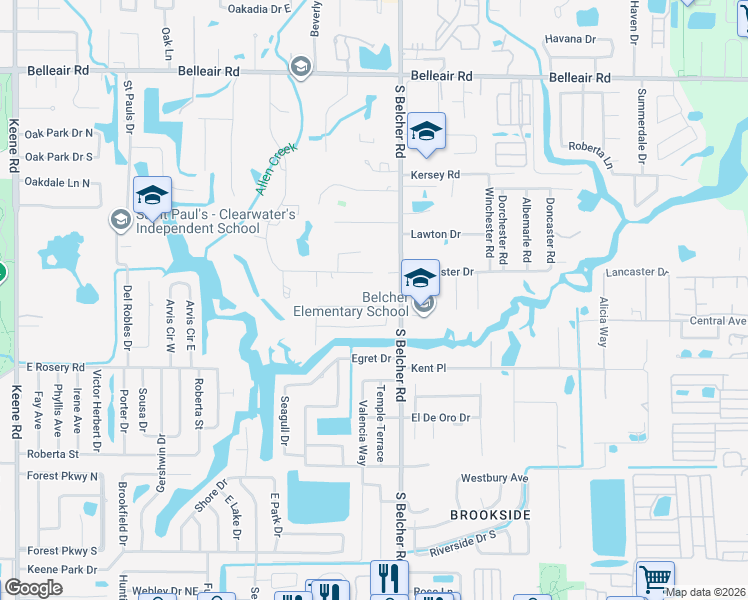 map of restaurants, bars, coffee shops, grocery stores, and more near 2176 Wateroak Drive North in Clearwater