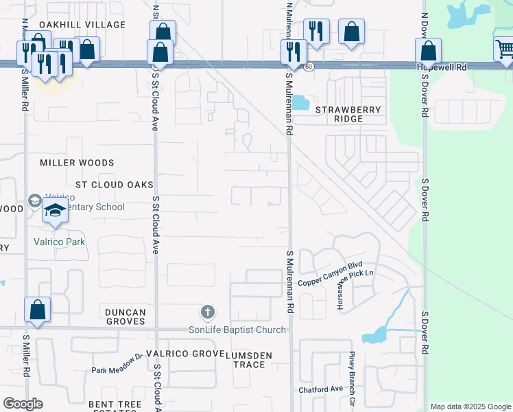 map of restaurants, bars, coffee shops, grocery stores, and more near 507 Little Eagle Court in Valrico