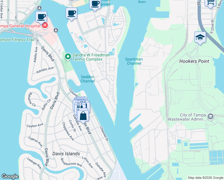 map of restaurants, bars, coffee shops, grocery stores, and more near 1439 Harbour Walk Road in Tampa